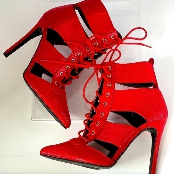 Fashion Nova Red Stiletto Pumps Heels Strappy Lace Up Ankle Boots Sexy, Sz 7 - Picture 1 of 8